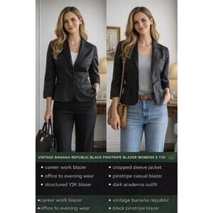 VTG Banana Republic Black Pinstripe Blazer Sz 8 Cropped 3/4 Sleeve Career Y2K
